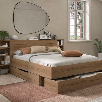 Lucian κρεβάτι διπλό με αποθηκευτικούς χώρους και ράφια στο κεφαλάρι 205x223x90εκ. ( για στρώμα 140x200εκ. ) Helvezia Oak
