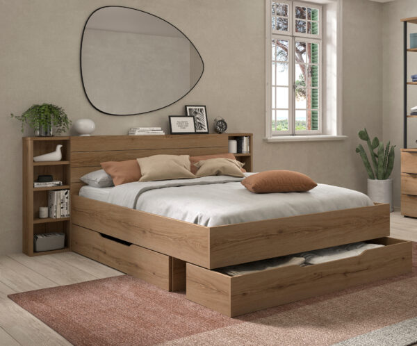 Lucian κρεβάτι διπλό με αποθηκευτικούς χώρους και ράφια στο κεφαλάρι 205x223x90εκ. ( για στρώμα 140x200εκ. ) Helvezia Oak