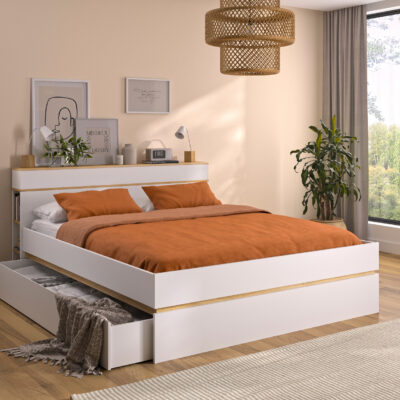 Nestor κρεβάτι διπλό με δυο συρτάρια και ράφια στο κεφαλάρι 225x169x90εκ. ( για στρώμα 160x200εκ. )  Λευκό / Helvezia Oak