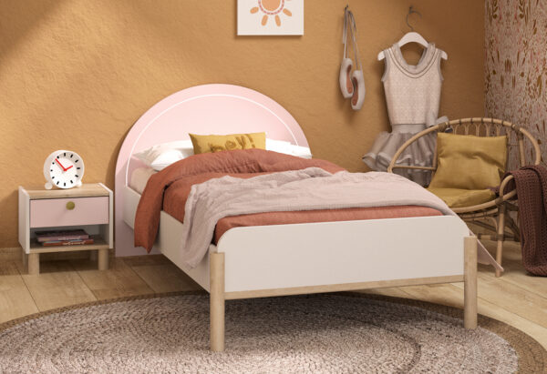 Romy κρεβάτι μονό 102x207x83εκ. ( για στρώμα 90x200εκ. ) Λευκό / Ροζ / Blond Oak με φωτισμό LED στο κεφαλάρι