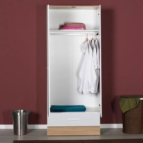 Ντουλάπα ρούχων Base Megapap δίφυλλη με συρτάρια χρώμα λευκό - sonoma 80x52x198εκ.