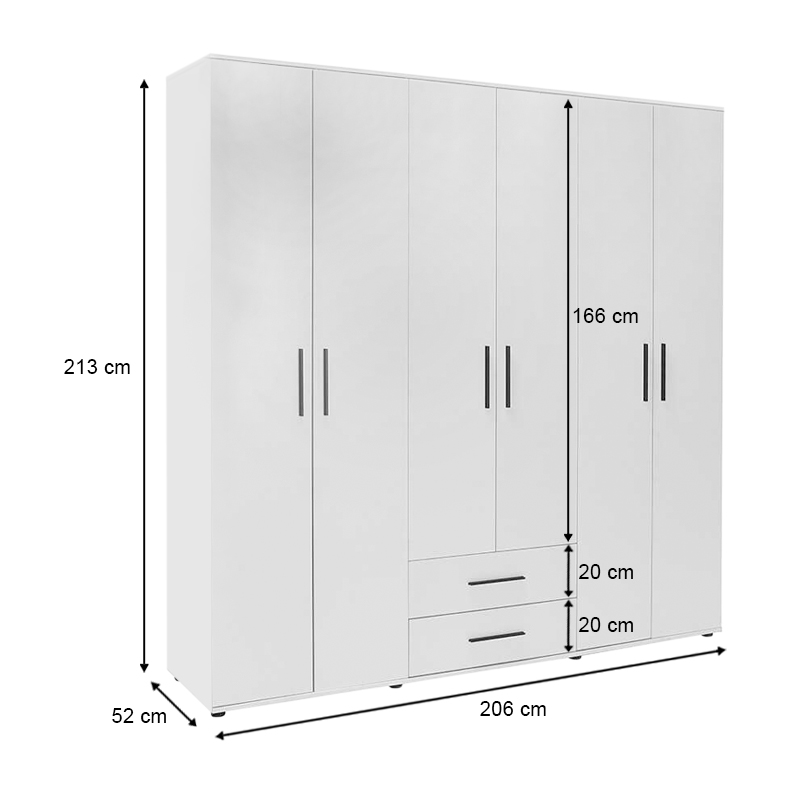 GP009-02471-4 Ντουλάπα ρούχων Bianco Megapap εξάφυλλη με συρτάρια χρώμα λευκό 206x52x213εκ.