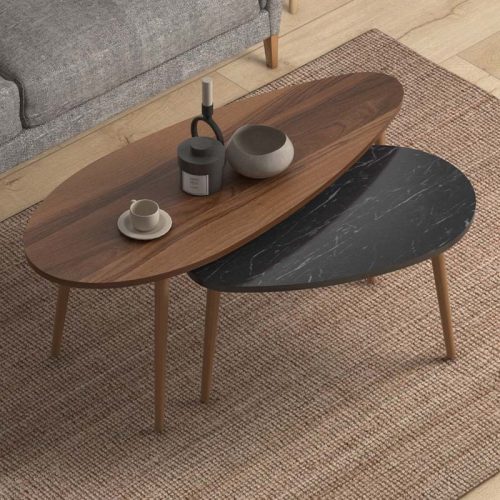 Βοηθητικά τραπεζάκια Elips Megapap χρώμα καρυδί - μαύρο εφέ μαρμάρου 116x46x46εκ.