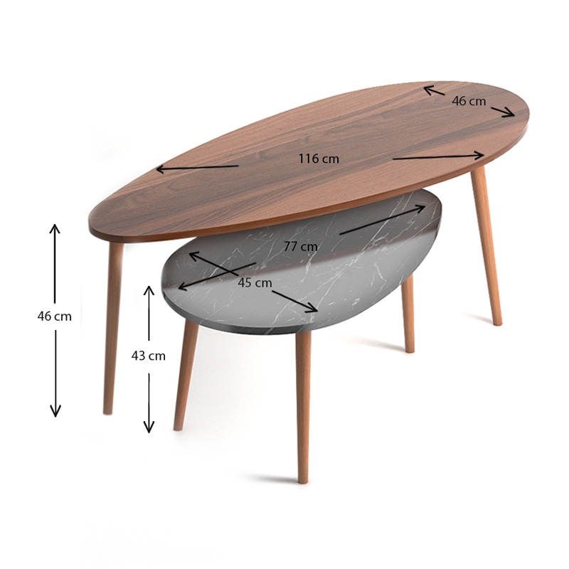 Τραπεζάκια βοηθητικά Elips Megapap χρώμα καρυδί - μαύρο εφέ μαρμάρου 116x46x46εκ.