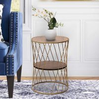 Τραπεζάκι βοηθητικό Jaspin Megapap μεταλλικό - Mdf χρώμα χρυσό - καρυδί 32x32x44εκ.