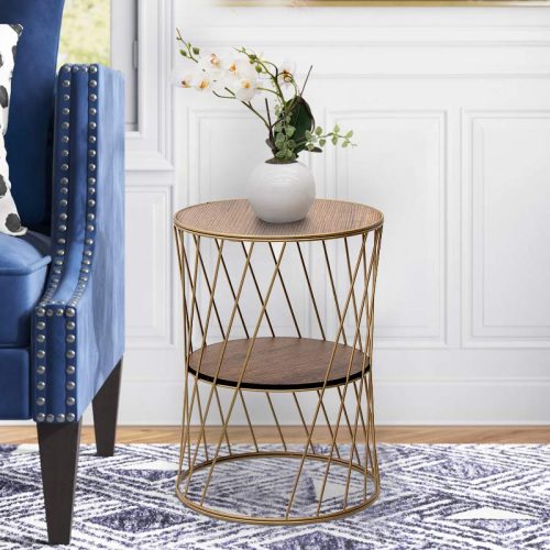 GP030-00373-1 Βοηθητικό τραπεζάκι Jaspin Megapap μεταλλικό - Mdf χρώμα χρυσό - καρυδί 32x32x44εκ.