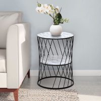 Τραπεζάκι βοηθητικό Jaspin Megapap μεταλλικό - Mdf χρώμα μαύρο-λευκό εφέ μαρμάρου 32x32x44εκ.