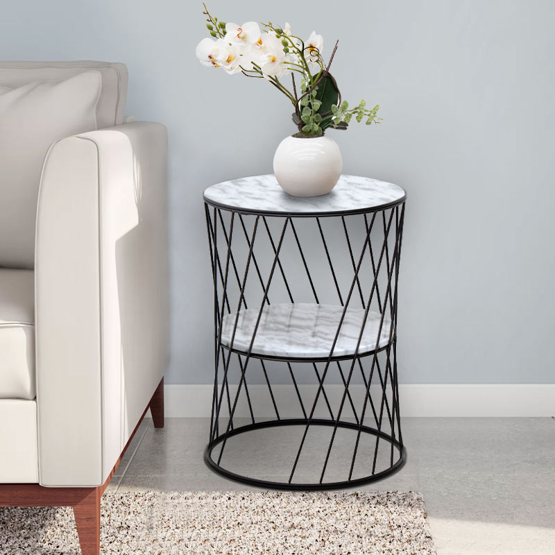 Τραπεζάκι βοηθητικό Jaspin Megapap μεταλλικό - Mdf χρώμα μαύρο-λευκό εφέ μαρμάρου 32x32x44εκ.