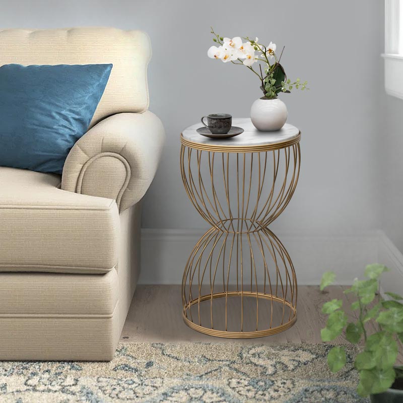 Τραπεζάκι βοηθητικό Pino Megapap μεταλλικό - Mdf χρώμα χρυσό - λευκό εφέ μαρμάρου 35x35x58εκ.