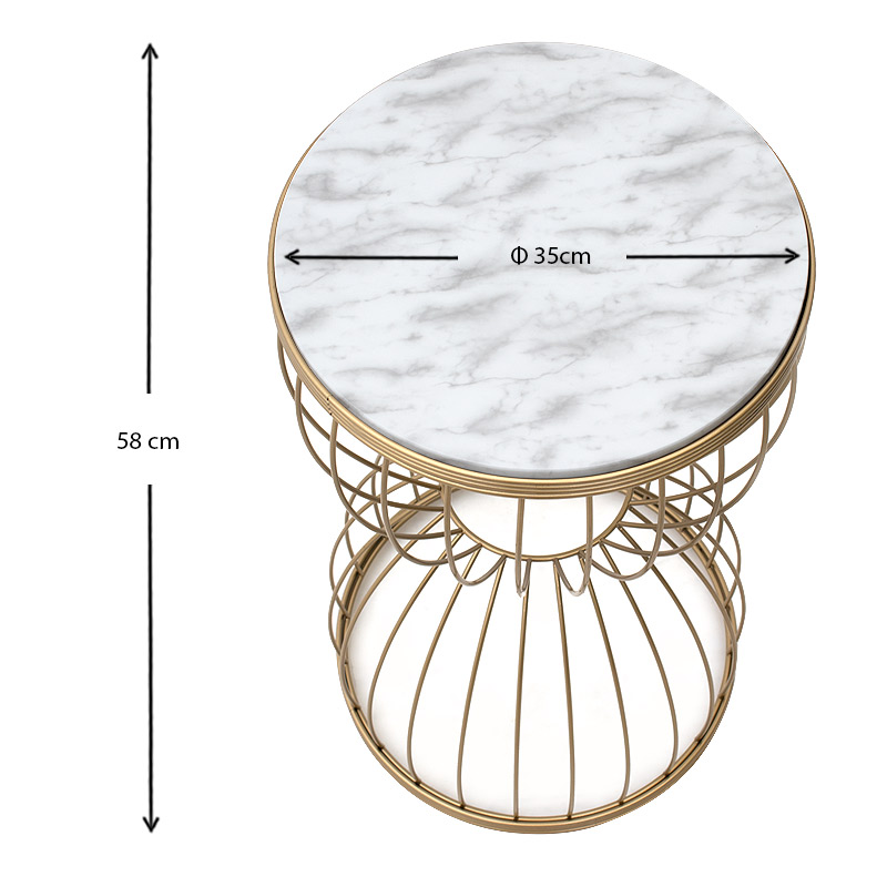 Τραπεζάκι βοηθητικό Pino Megapap μεταλλικό - Mdf χρώμα χρυσό - λευκό εφέ μαρμάρου 35x35x58εκ.