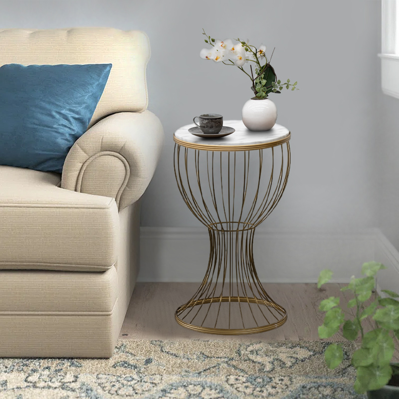 Τραπεζάκι βοηθητικό Aldora Megapap μεταλλικό - Mdf χρώμα χρυσό - λευκό εφέ μαρμάρου 35x35x58εκ.