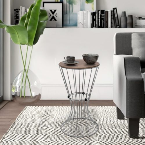 Τραπεζάκι βοηθητικό Girene Megapap μεταλλικό - Mdf χρώμα ασημί - καρυδί 32x32x58εκ.