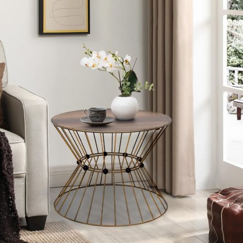 GP030-01421-1 Τραπεζάκι σαλονιού Girene Megapap μεταλλικό - Mdf χρώμα χρυσό - καρυδί Ø55x42εκ.