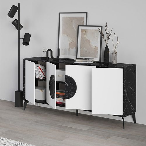 GP037-00831-1 Μπουφές Gora Megapap χρώμα μαύρο εφέ μαρμάρου - λευκό 180x35,6x82εκ.