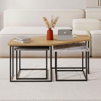 Τραπεζάκι σαλονιού σετ 3 τμχ. Nesty Megapap χρώμα saphhire oak - γκρι ρετρό - λευκό εφέ μαρμάρου 110x60x48εκ.