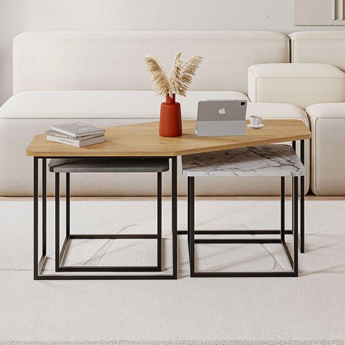 Τραπεζάκι σαλονιού σετ 3 τμχ. Nesty Megapap χρώμα saphhire oak - γκρι ρετρό - λευκό εφέ μαρμάρου 110x60x48εκ.