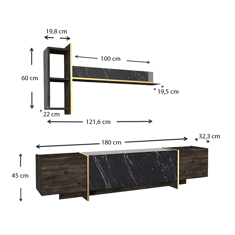 GP042-00011-5 Σύνθεση τηλεόρασης Veyron Megapap χρώμα μαύρο rebab - μαύρο εφέ μαρμάρου 180x33x45εκ.