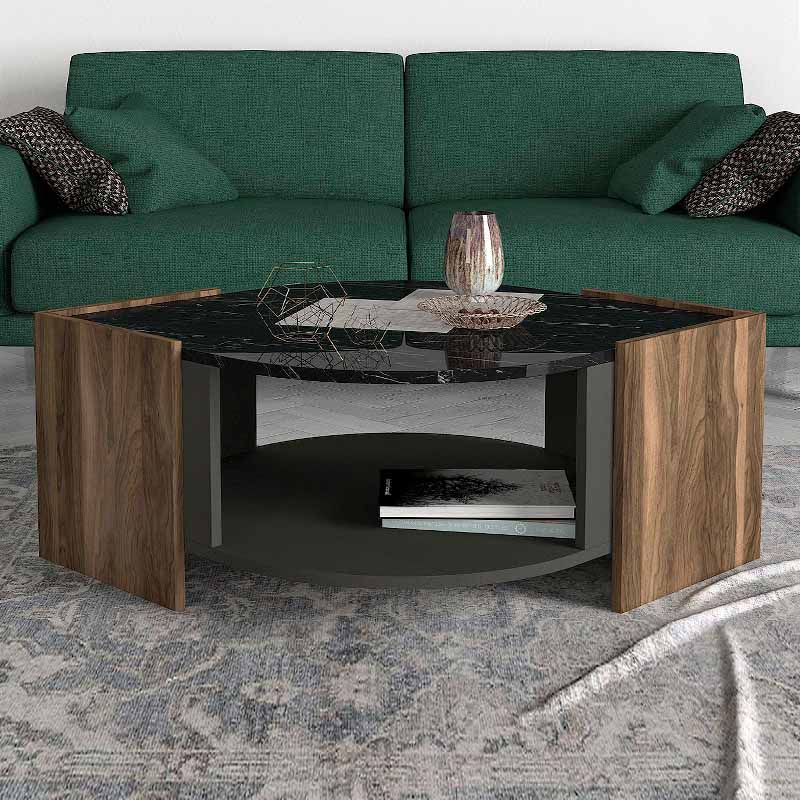 Τραπεζάκι σαλονιού Marbel Megapap χρώμα καρυδί - μαύρο εφέ μαρμάρου 75x75x40εκ.