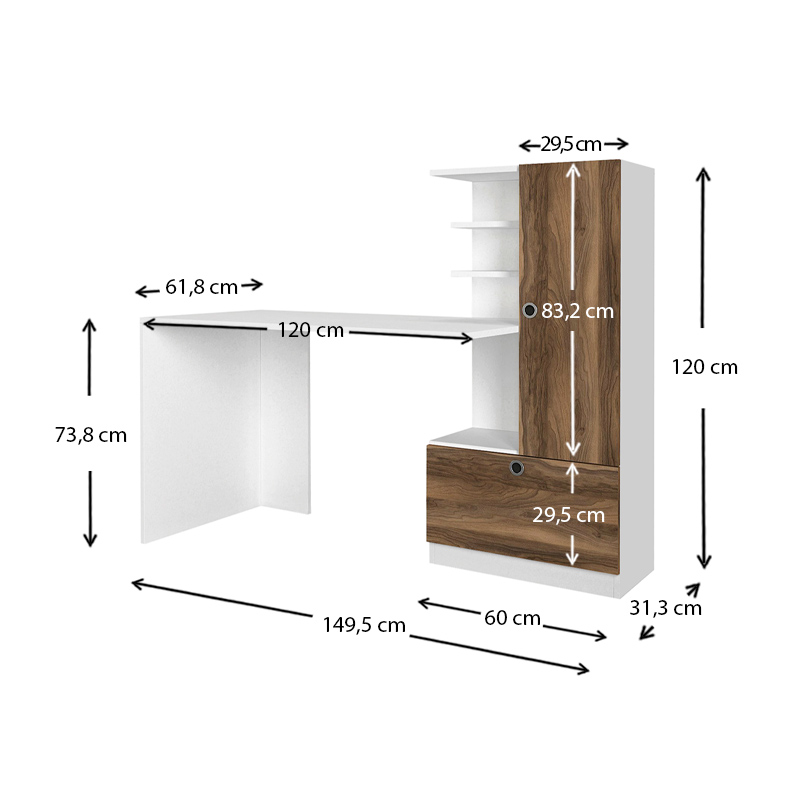 Γραφείο εργασίας Merino Megapap χρώμα λευκό - καρυδί 149,5x61,8x120εκ.