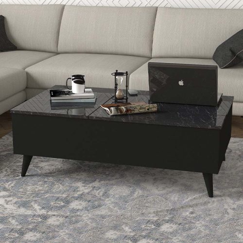 Τραπεζάκι σαλονιού Roy Megapap με σερβιτόρο χρώμα μαύρο - εφέ μαρμάρου 121x69x40εκ.
