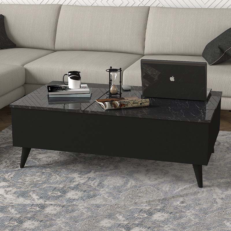 Τραπεζάκι σαλονιού Roy Megapap με σερβιτόρο χρώμα μαύρο - εφέ μαρμάρου 121x69x40εκ.