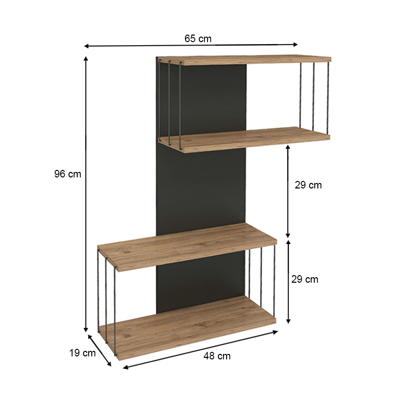 GP052-01131-3 Ραφιέρα τοίχου Destan Megapap χρώμα ανθρακί - φυσικό οξιάς 65x19x96εκ.