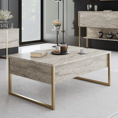 GP052-01281-1 Τραπεζάκι σαλονιού Luxe Megapap χρώμα travertine - χρυσό 90x60x40εκ.