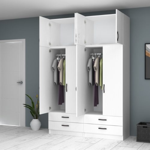 GP100-00651-1 Ντουλάπα ρούχων Ricardo Megapap τετράφυλλη με πατάρι και συρτάρια χρώμα λευκό 160x51,8x240εκ.