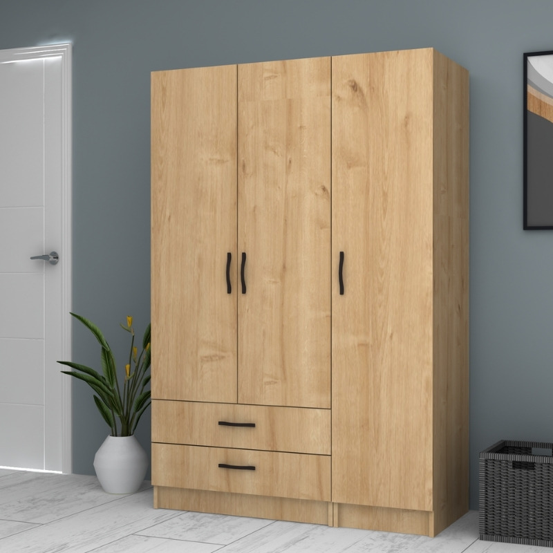 GP100-00682-3 Ντουλάπα ρούχων Ricardo Megapap τρίφυλλη με συρτάρια χρώμα φυσικό οξιάς 120x51,8x181εκ.