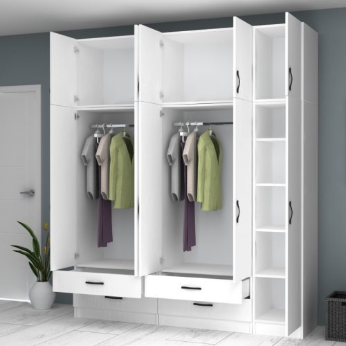 GP100-00711-1 Ντουλάπα ρούχων Ricardo Megapap πεντάφυλλη με πατάρι και συρτάρια χρώμα λευκό 200x51,8x240εκ.