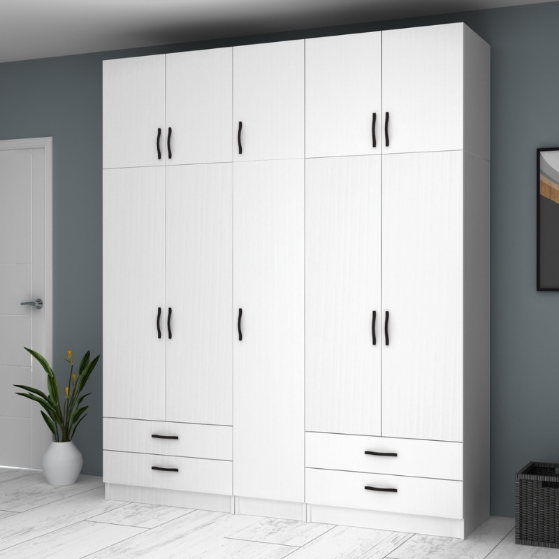 GP100-00731-3 Ντουλάπα ρούχων Ricardo Megapap πεντάφυλλη με πατάρι και συρτάρια χρώμα λευκό 200x51,8x240εκ.