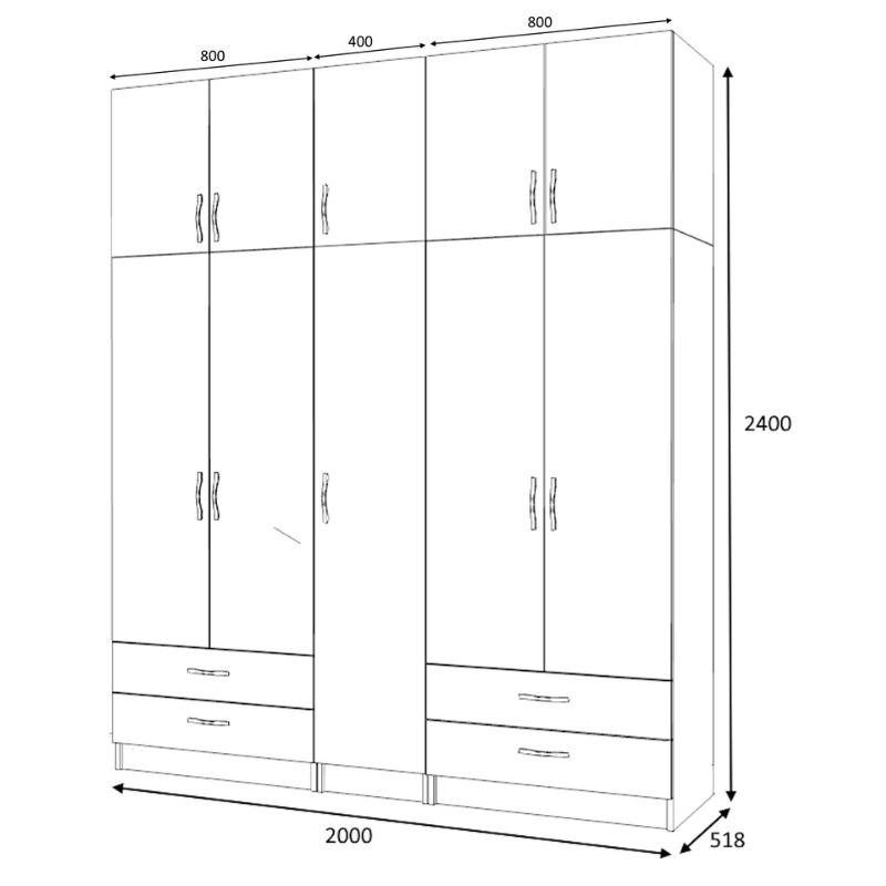 GP100-00731-4 Ντουλάπα ρούχων Ricardo Megapap πεντάφυλλη με πατάρι και συρτάρια χρώμα λευκό 200x51,8x240εκ.