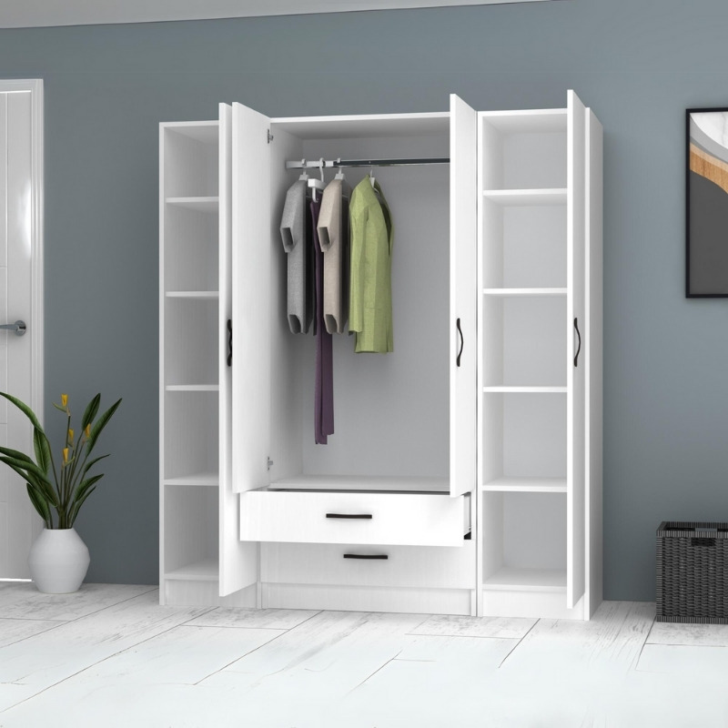 GP100-00741-1 Ντουλάπα ρούχων Ricardo Megapap τετράφυλλη με συρτάρια χρώμα λευκό 160x51,8x181εκ.