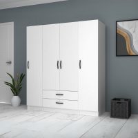 GP100-00741-3 Ντουλάπα ρούχων Ricardo Megapap τετράφυλλη με συρτάρια χρώμα λευκό 160x51,8x181εκ.