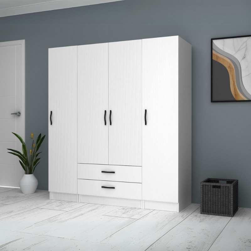 GP100-00741-3 Ντουλάπα ρούχων Ricardo Megapap τετράφυλλη με συρτάρια χρώμα λευκό 160x51,8x181εκ.