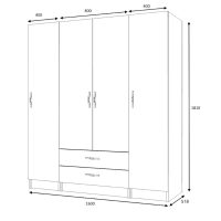 GP100-00741-4 Ντουλάπα ρούχων Ricardo Megapap τετράφυλλη με συρτάρια χρώμα λευκό 160x51,8x181εκ.