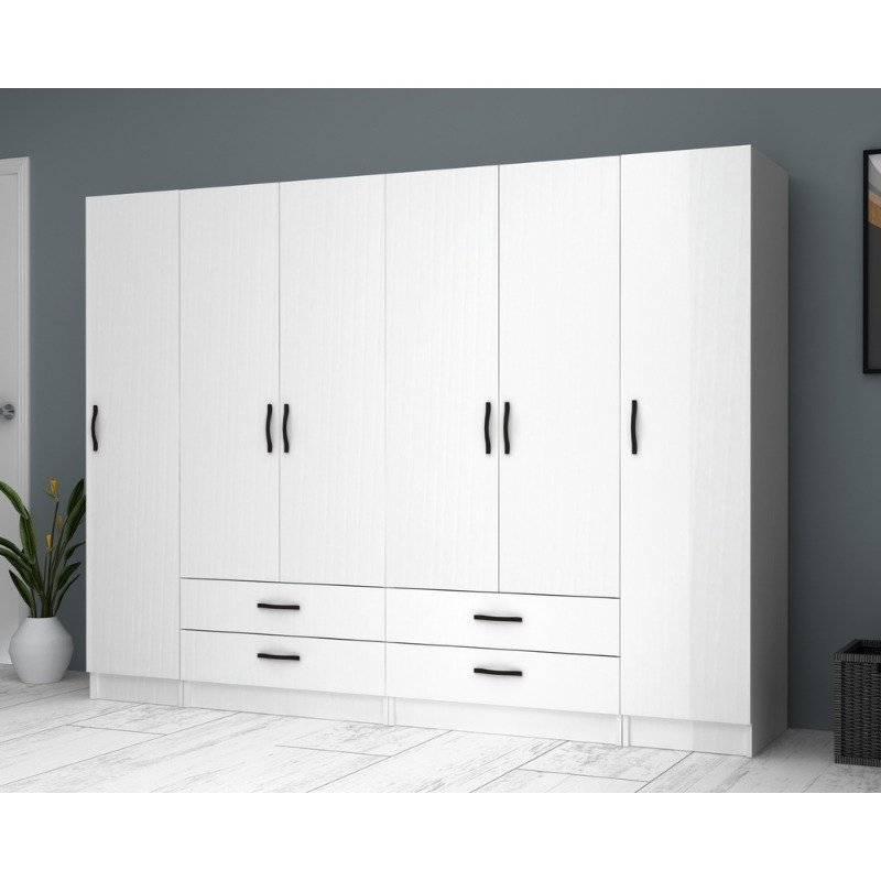 GP100-00761-3 Ντουλάπα ρούχων Ricardo Megapap εξάφυλλη με συρτάρια χρώμα λευκό 240x51,8x181εκ.