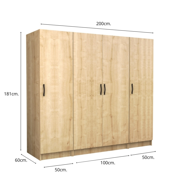 GP100-01012-4 Ντουλάπα ρούχων Victoria Megapap τετράφυλλη χρώμα φυσικό οξιάς 200x60x181εκ.