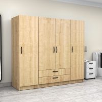 GP100-01032-3 Ντουλάπα ρούχων Victoria Megapap τετράφυλλη με συρτάρια χρώμα φυσικό οξιάς 200x60x181εκ.