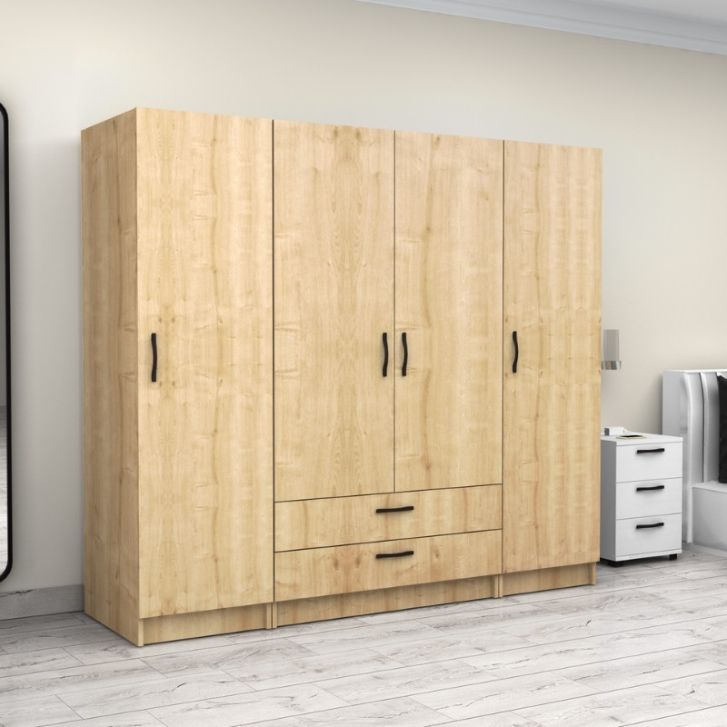 GP100-01032-3 Ντουλάπα ρούχων Victoria Megapap τετράφυλλη με συρτάρια χρώμα φυσικό οξιάς 200x60x181εκ.