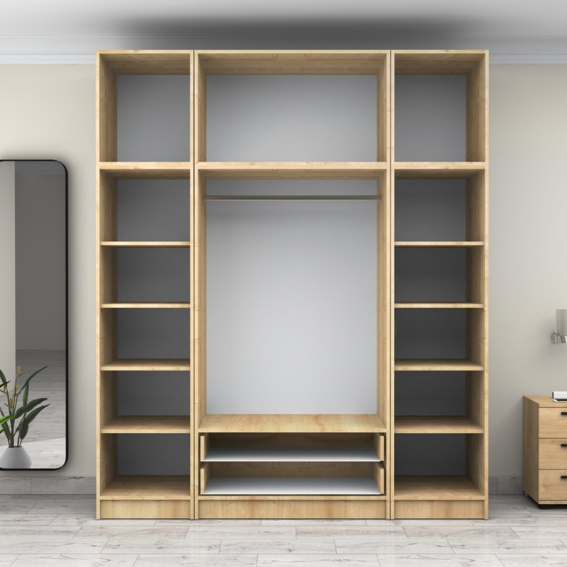 GP100-01042-2 Ντουλάπα ρούχων Victoria Megapap τετράφυλλη με πατάρι και συρτάρια χρώμα φυσικό οξιάς 200x60x240εκ.