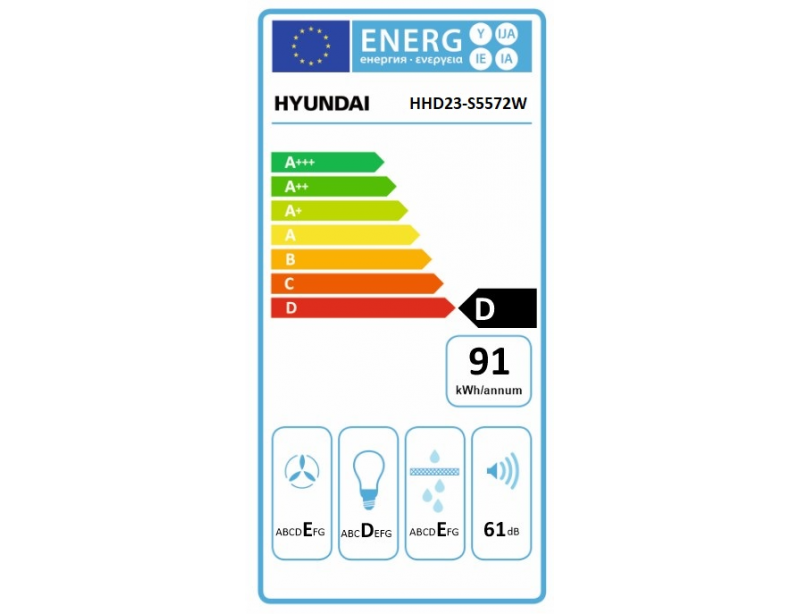 Απορροφητήρας Hyundai HHD23-S5572W με πλάτος 70cm και απορροφητική ισχύ 450 m³/h - White