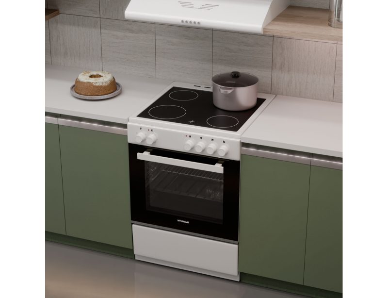 Κουζίνα Hyundai HCVC24V-7260VS/W με κεραμικές εστίες, χωρητικότητα φούρνου 69L, 5 λειτουργίες ψησίματος και ενεργειακή κλάση Α