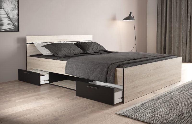 Michigan κρεβάτι με δυο συρτάρια 165x204x74εκ. (  για στρώμα 160x200εκ. )  Brushed Oak / Μαύρο