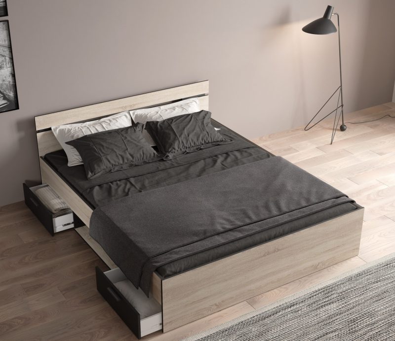 Michigan κρεβάτι με δυο συρτάρια 165x204x74εκ. (  για στρώμα 160x200εκ. )  Brushed Oak / Μαύρο