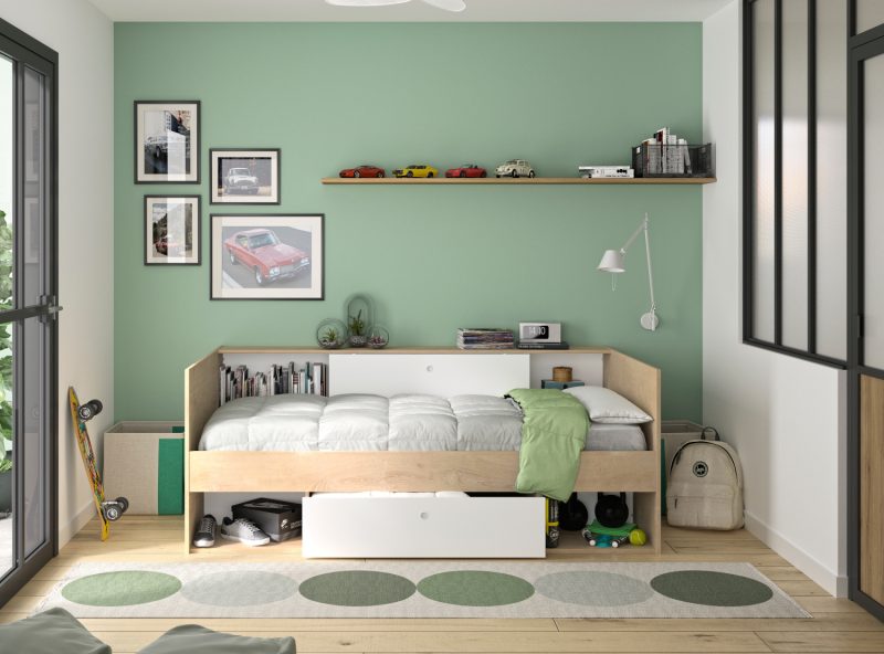 Alicia κρεβάτι μονό 116x204x79εκ. ( για στρώμα 90x200εκ. ) με αποθηκευτικούς χώρους Λευκό/Natural Chestnut