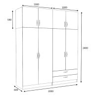 Ντουλάπα ρούχων Victoria Megapap τετράφυλλη με πατάρι και συρτάρια χρώμα καρυδί 200x60x240εκ.