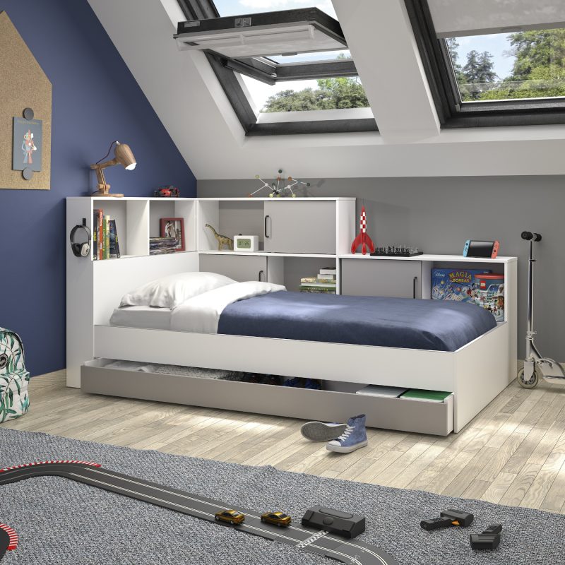 Erwan κρεβάτι μονό 120x221εκ. ( για στρώμα 90x200εκ. ) Moon Grey/White με αποθηκευτικό συρτάρι Erwan κρεβάτι μονό 120x221εκ. ( για στρώμα 90x200εκ. ) Moon Grey/White με αποθηκευτικό συρτάρι