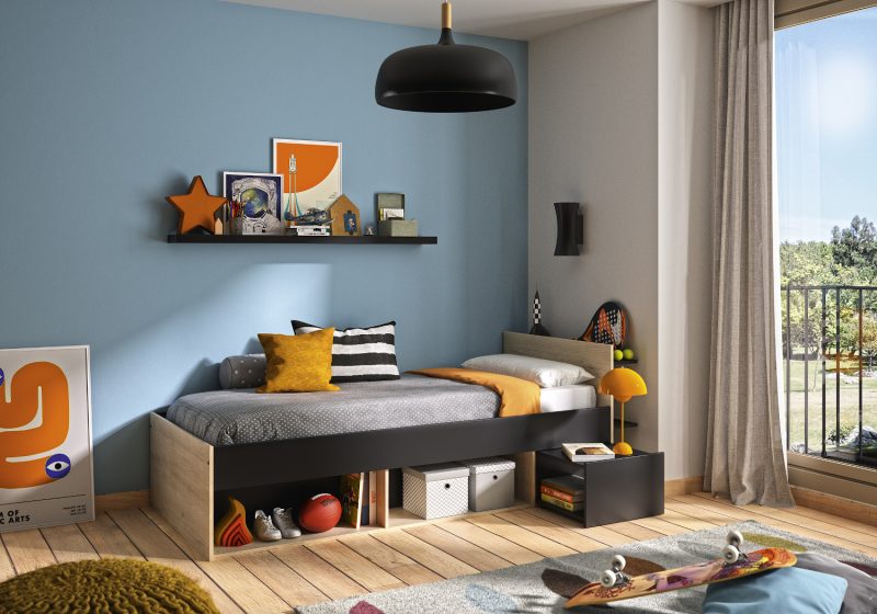 Ergo κρεβάτι μονό με αποθηκευτικούς χώρους και ράφια 132/95x219x75εκ. ( για στρώμα 90x200εκ. )  Natural chestnut / Black