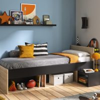 Ergo κρεβάτι μονό με αποθηκευτικούς χώρους και ράφια 132/95x219x75εκ. ( για στρώμα 90x200εκ. )  Natural chestnut / Black